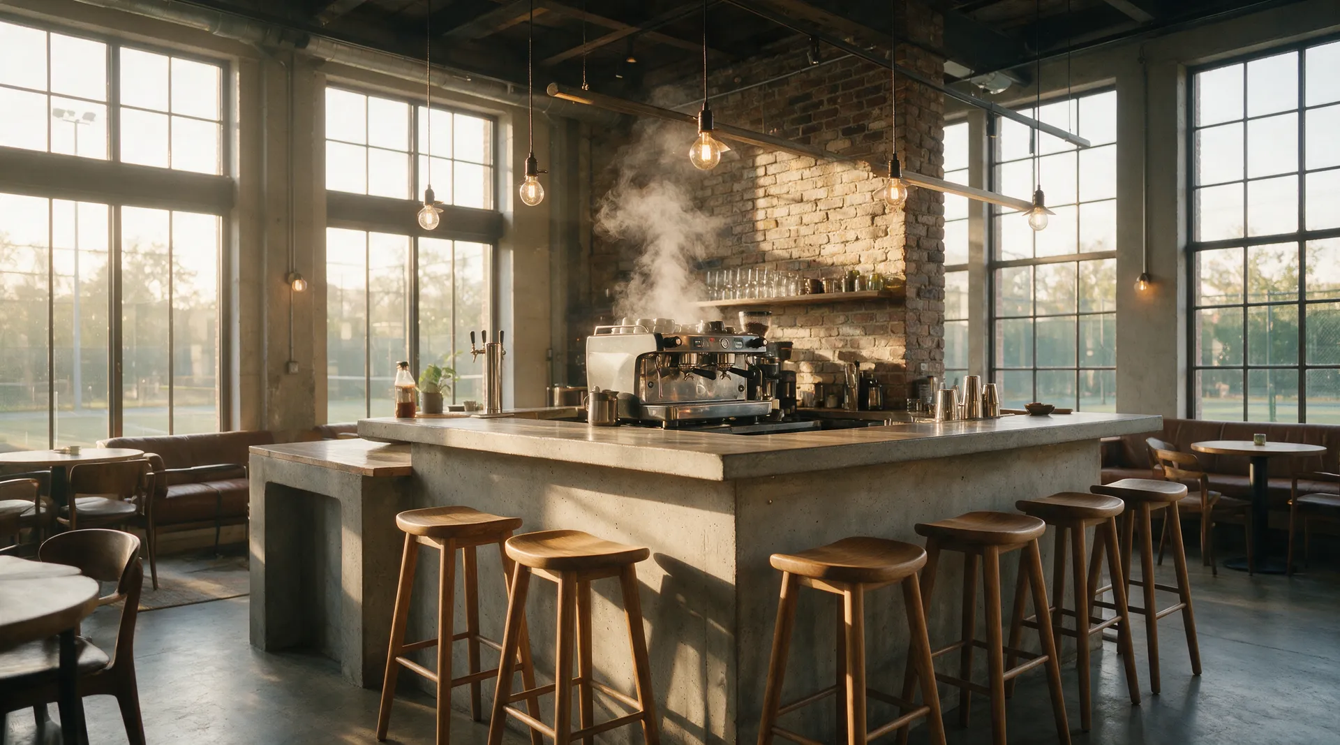 De bar van Aura in de ochtend, met espressostoom boven de toog