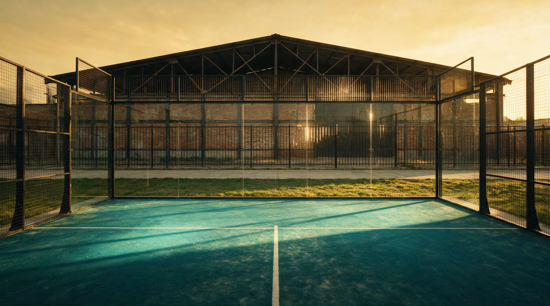 De loods van Aura Racket Club in het gouden uur, met de padelkooi achter de gevelramen