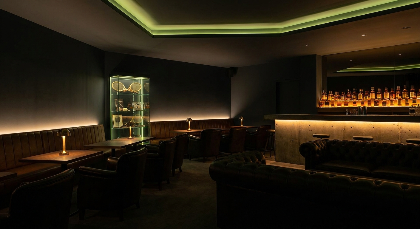 De bar en lounge van Aura: warme verlichting, zithoek en zicht op de banen