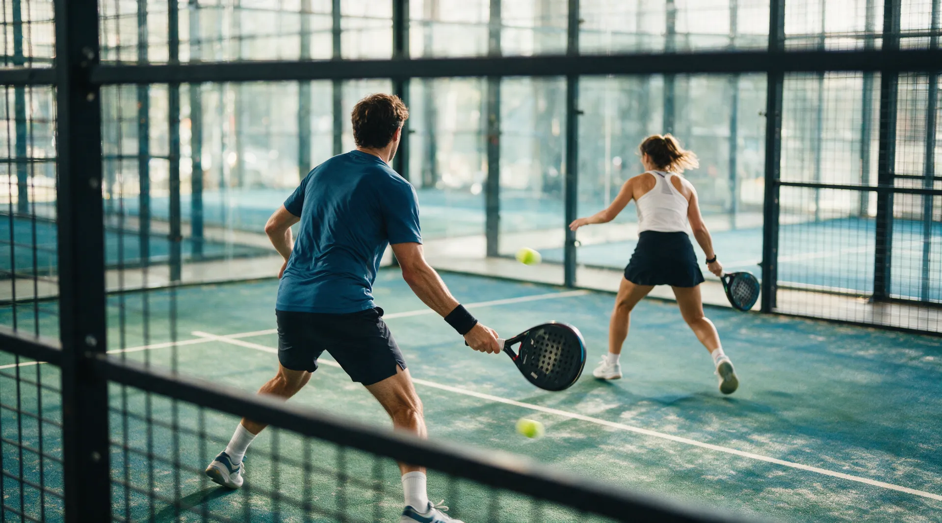 Dubbelrally op een indoor padelbaan, gezien door de glaswand bij daglicht