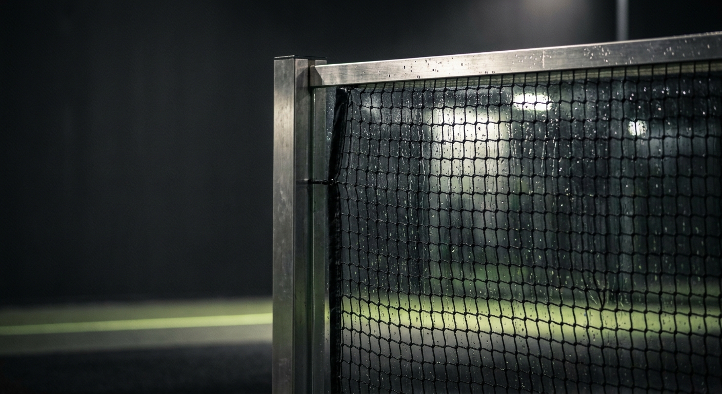 Detail van een indoor padelkooi bij Aura: glaswand en baanverlichting in de avond