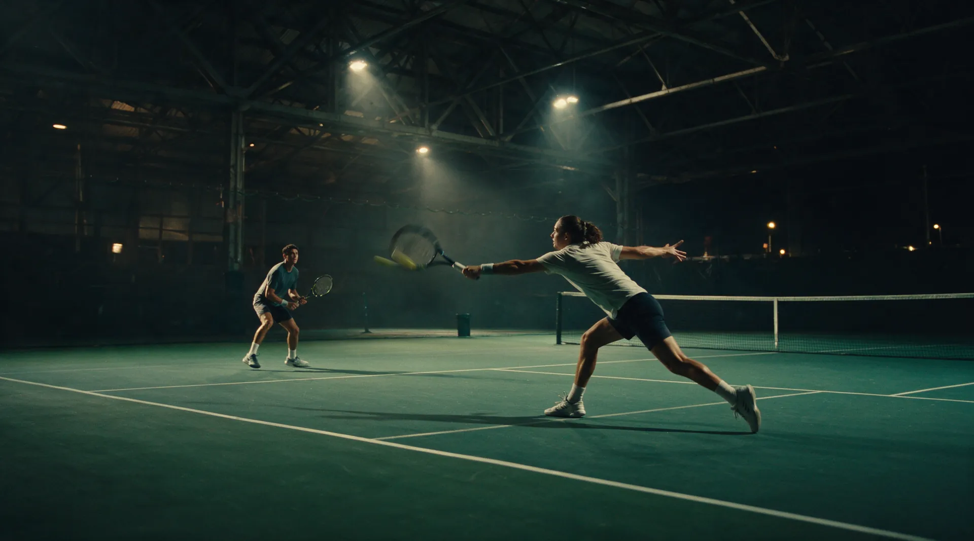 Twee spelers in een tennisrally op een baan van Aura