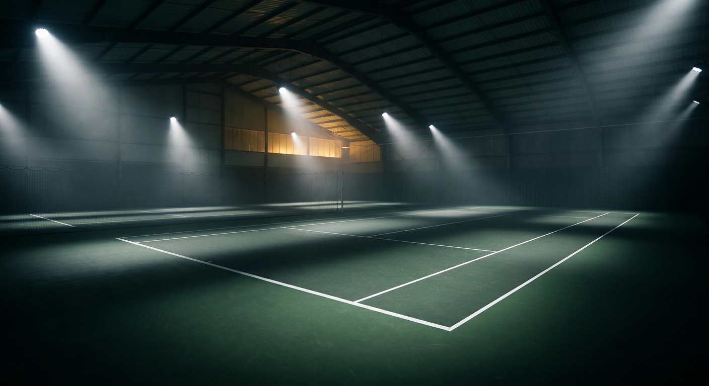 De tennishal van Aura met wedstrijdbanen onder de hoge stalen kappen