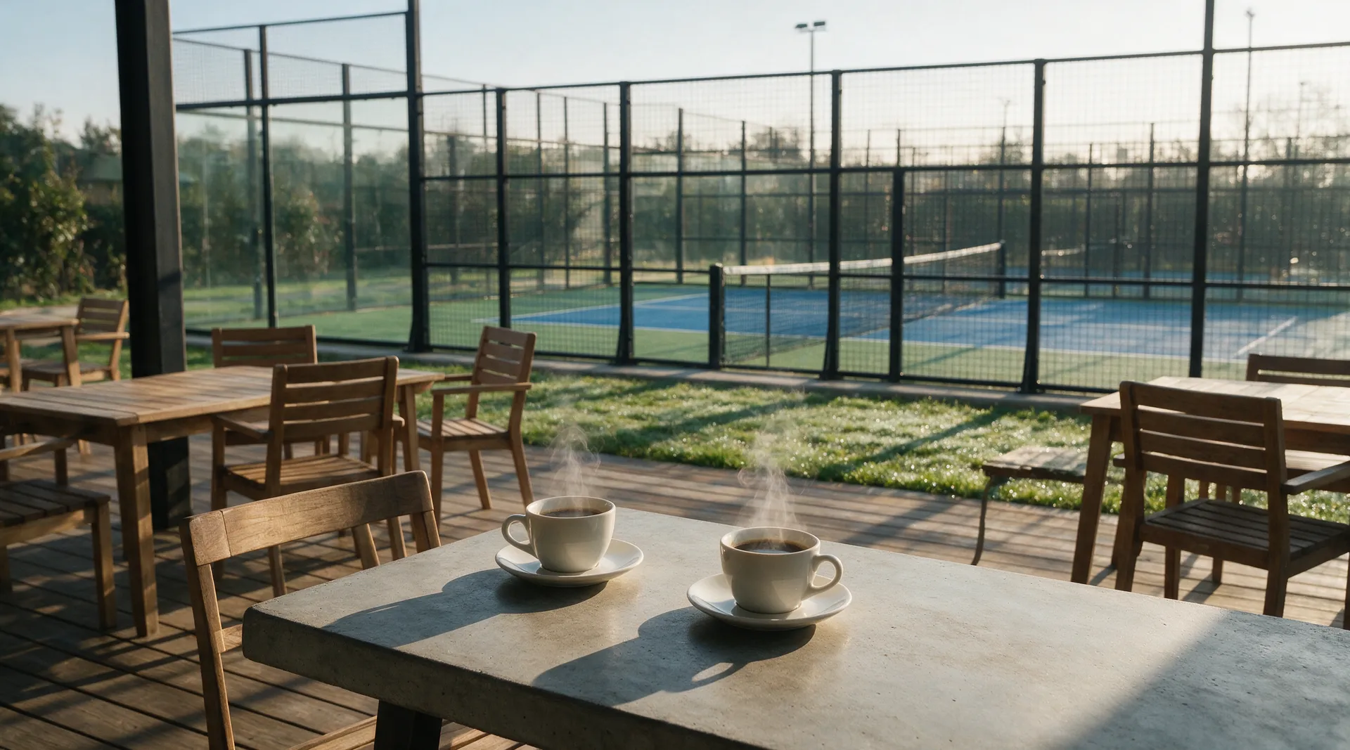 Het terras van Aura met twee koffiekopjes en zicht op de baan